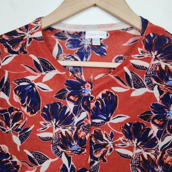 Garnet Hill Orange Blue Floral Merino Wool Button Front Cardigan Sweater Sz S - Picture 3 of 8